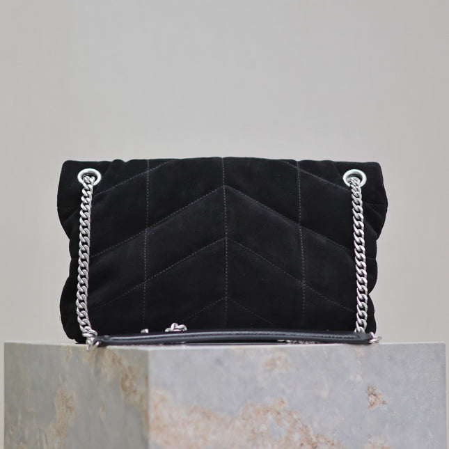 YSL 25S LOULOU PUFFER MM 29 IN BLACK SUEDE SILVER HARDWARE