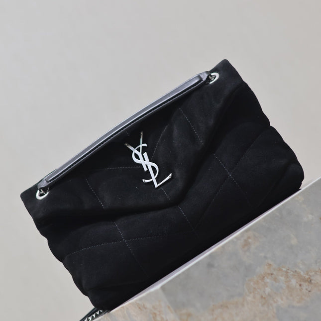 YSL 25S LOULOU PUFFER MM 29 IN BLACK SUEDE SILVER HARDWARE