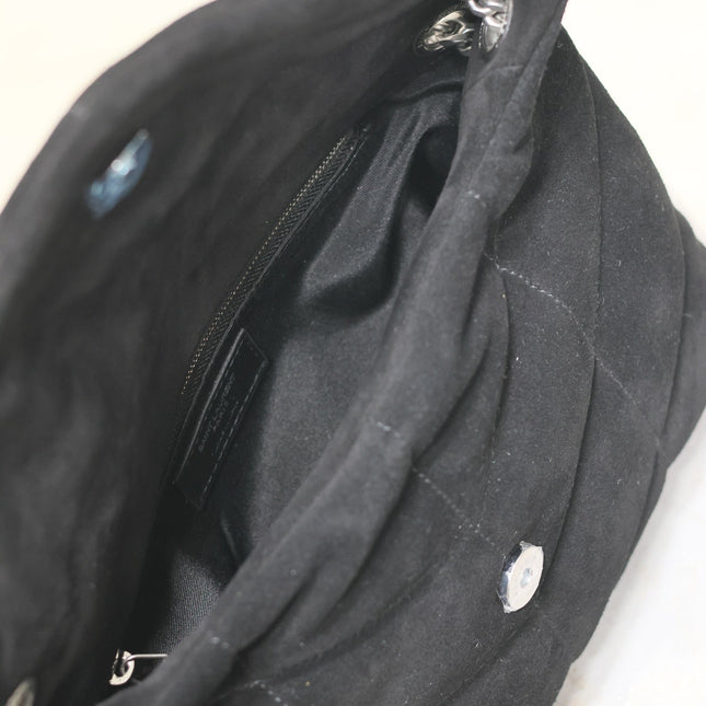 YSL 25S LOULOU PUFFER MM 29 IN BLACK SUEDE SILVER HARDWARE