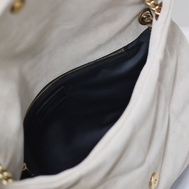 YSL 25S LOULOU PUFFER GM 35 IN SMOKEY TAUPE SUEDE GOLD HARDWARE