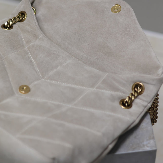 YSL 25S LOULOU PUFFER GM 35 IN SMOKEY TAUPE SUEDE GOLD HARDWARE