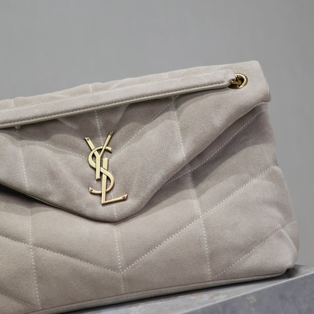 YSL 25S LOULOU PUFFER GM 35 IN SMOKEY TAUPE SUEDE GOLD HARDWARE