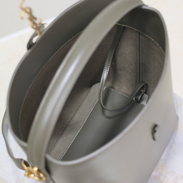 YSL 25S LE 5 À 7 BUCKET 26 IN DARK OLIVE CALFSKIN GOLD HARDWARE