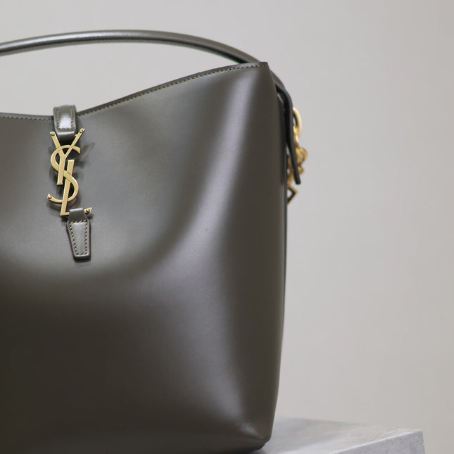 YSL 25S LE 5 À 7 BUCKET 26 IN DARK OLIVE CALFSKIN GOLD HARDWARE