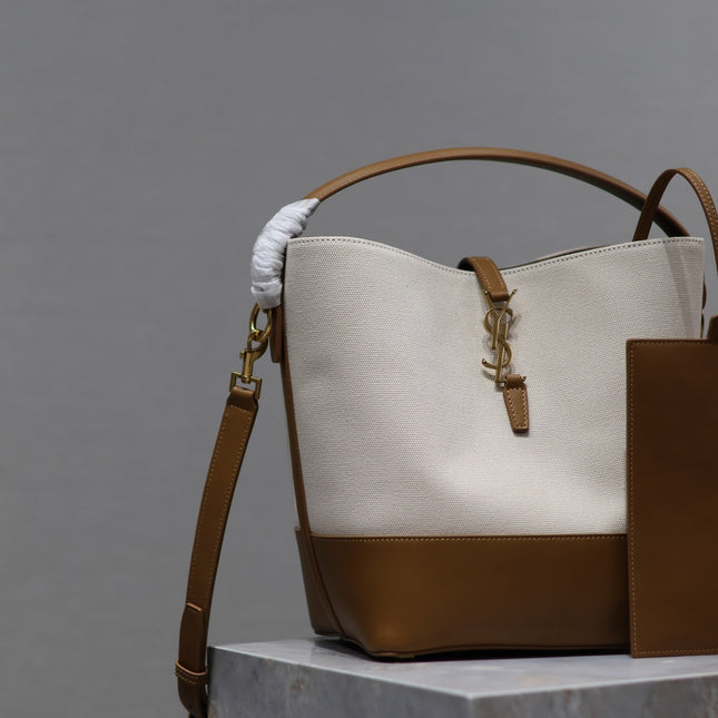 YSL 25S LE 5 À 7 BUCKET 26 IN CREAM BROWN CALFSKIN AND CANVAS GOLD HARDWARE