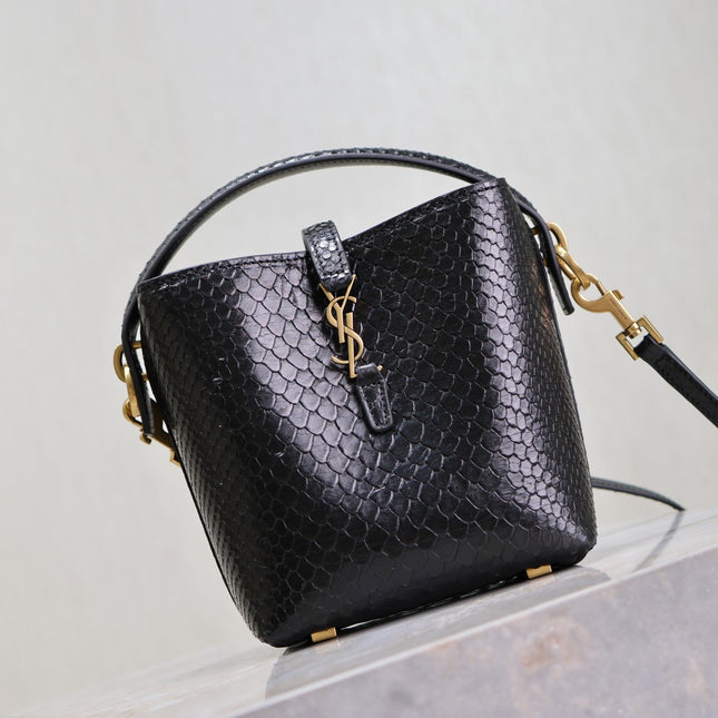YSL 25S LE 37 BUCKET 15 IN BLACK SNAKE EMBOSSED CALFSKIN GOLD HARDWARE