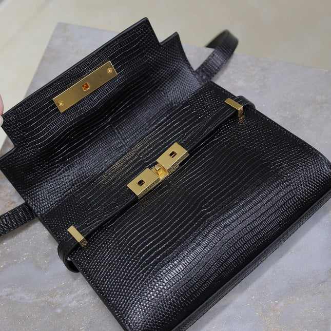 YSL 25S MINI MANHATTAN 19 IN BLACK SHINY CROCODILE CALFSKIN GOLD HARDWARE