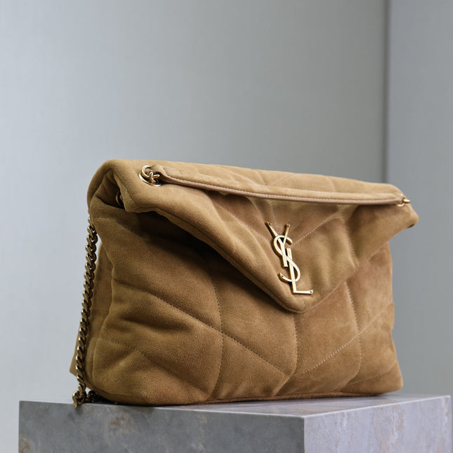 YSL 25S LOULOU PUFFER GM 35 IN TAN BROWN SUEDE GOLD HARDWARE