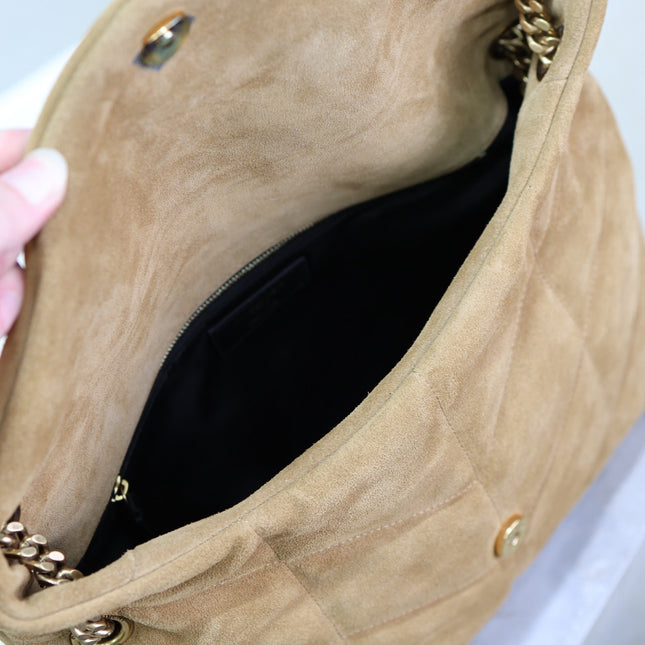 YSL 25S LOULOU PUFFER GM 35 IN TAN BROWN SUEDE GOLD HARDWARE