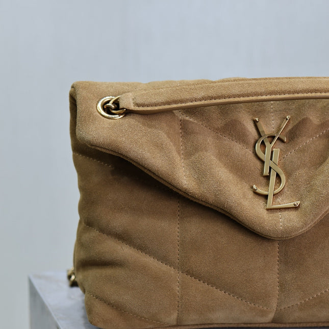 YSL 25S LOULOU PUFFER MM 29 IN TAN BROWN SUEDE GOLD HARDWARE