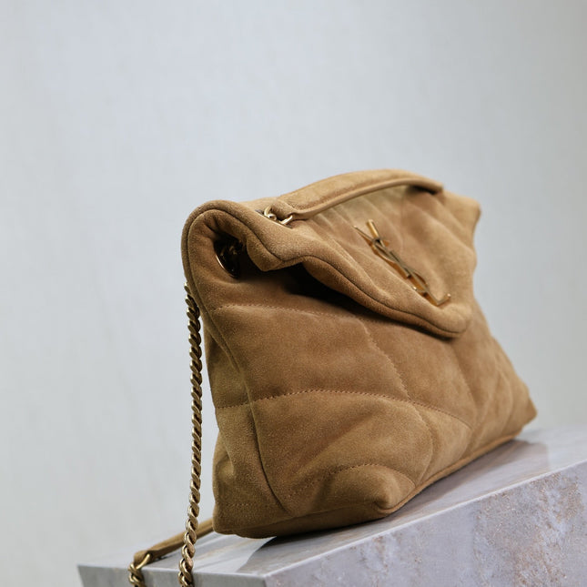 YSL 25S LOULOU PUFFER MM 29 IN TAN BROWN SUEDE GOLD HARDWARE