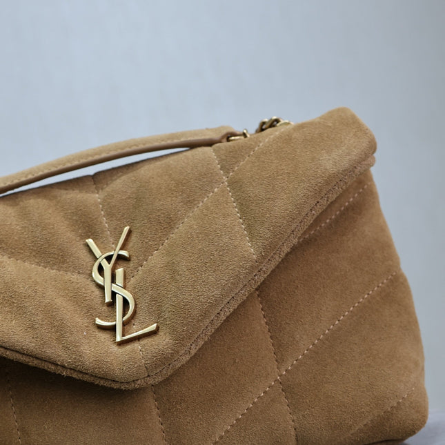 YSL 25S LOULOU PUFFER MINI 23 IN TAN BROWN SUEDE GOLD HARDWARE