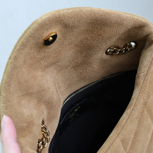 YSL 25S LOULOU PUFFER MINI 23 IN TAN BROWN SUEDE GOLD HARDWARE