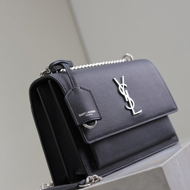 YSL 25S SUNSET MEDIUM 22 IN BLACK GRAINED CALFSKIN SILVER HARDWARE
