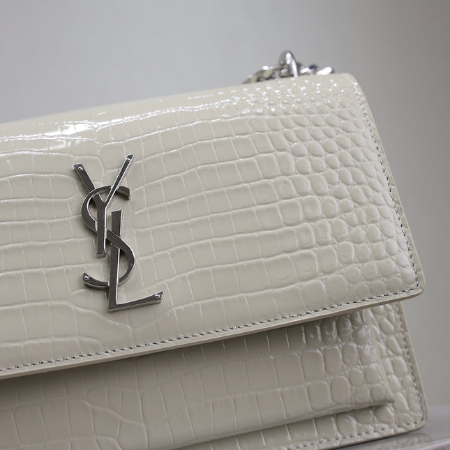 YSL 25S SUNSET MEDIUM 22 IN IVORY CROCODILE-EMBOSSED SHINY CALFSKIN SILVER HARDWARE