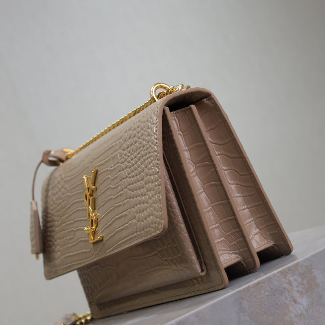 YSL 25S SUNSET MEDIUM 22 IN NUDE CROCODILE-EMBOSSED SHINY CALFSKIN GOLD HARDWARE