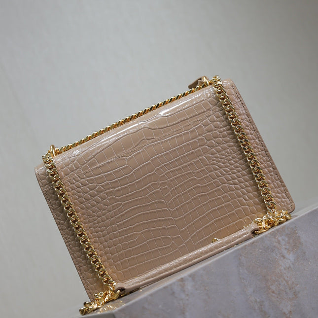 YSL 25S SUNSET MEDIUM 22 IN NUDE CROCODILE-EMBOSSED SHINY CALFSKIN GOLD HARDWARE