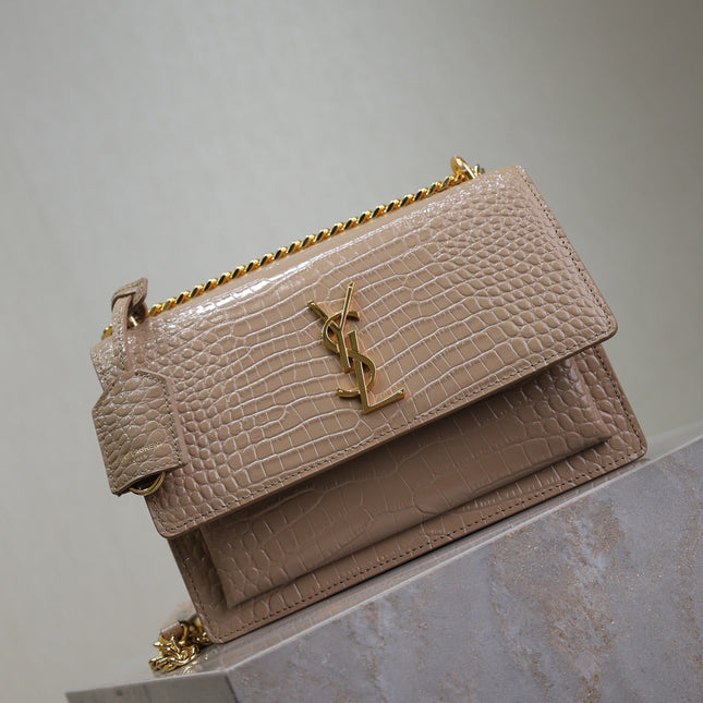 YSL 25S SUNSET MEDIUM 22 IN NUDE CROCODILE-EMBOSSED SHINY CALFSKIN GOLD HARDWARE