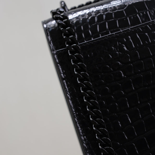 YSL 25S SUNSET MEDIUM 22 IN BLACK CROCODILE-EMBOSSED SHINY CALFSKIN BLACK HARDWARE