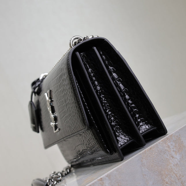 YSL 25S SUNSET MEDIUM 22 IN BLACK CROCODILE-EMBOSSED SHINY CALFSKIN SILVER HARDWARE