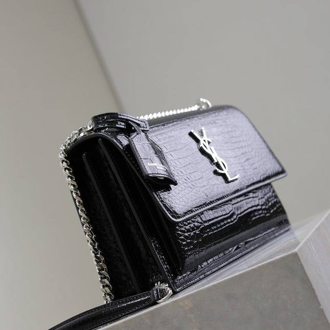 YSL 25S SUNSET MEDIUM 22 IN BLACK CROCODILE-EMBOSSED SHINY CALFSKIN SILVER HARDWARE