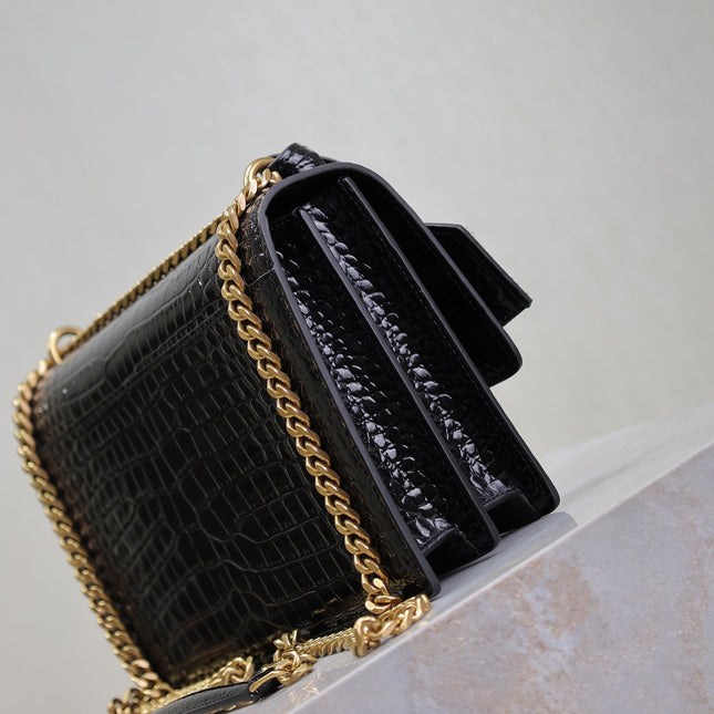 YSL 25S SUNSET MEDIUM 22 IN BLACK CROCODILE-EMBOSSED SHINY CALFSKIN GOLD HARDWARE
