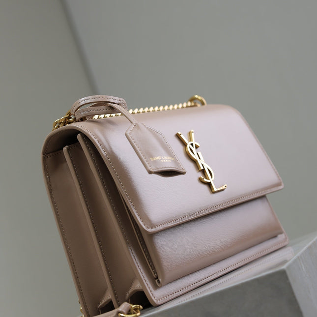 YSL 25S SUNSET BAG 22 IN WARM TAUPE PINK CALFSKIN GOLD HARDWARE
