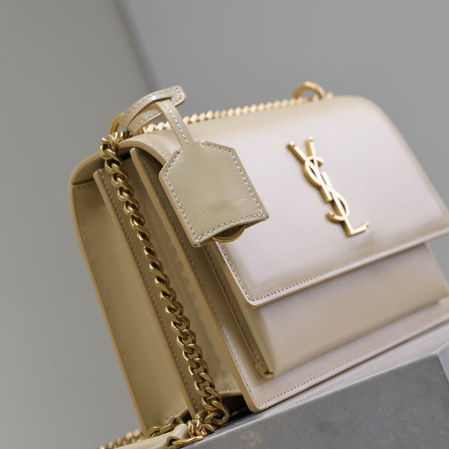 YSL 25S SUNSET BAG 22 IN NUDE CALFSKIN GOLD HARDWARE