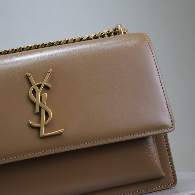 YSL 25S SUNSET BAG 22 IN BROWN CALFSKIN GOLD HARDWARE