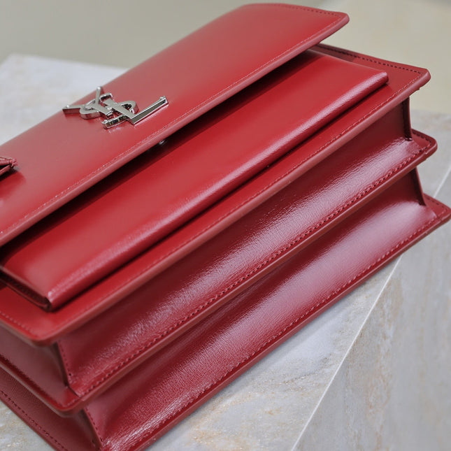 YSL 25S SUNSET BAG 22 IN CRIMSON RED CALFSKIN SILVER HARDWARE