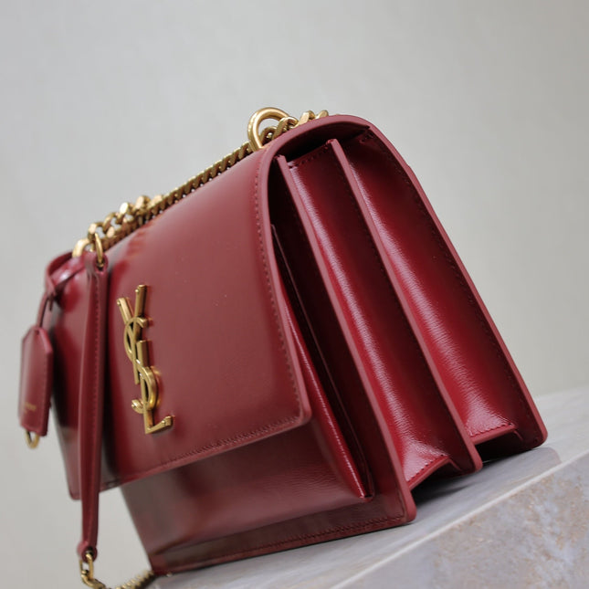 YSL 25S SUNSET BAG 22 IN CRIMSON RED CALFSKIN GOLD HARDWARE