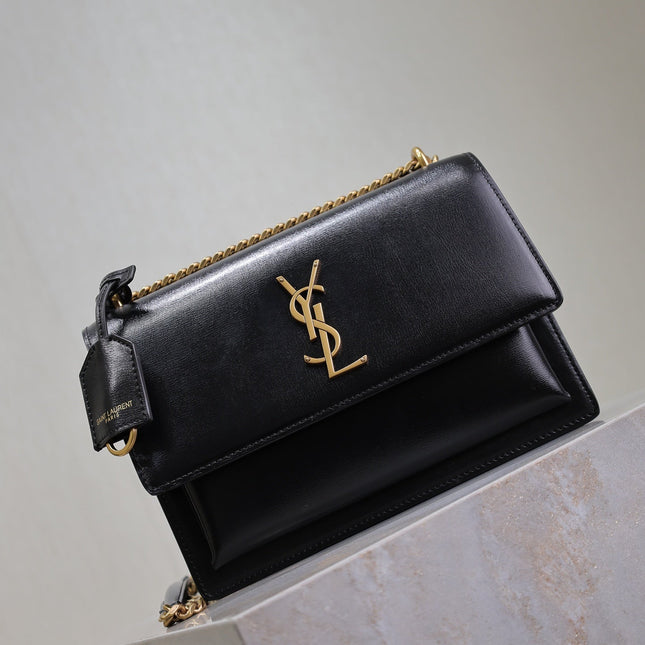 YSL 25S SUNSET BAG 22 IN BLACK CALFSKIN GOLD HARDWARE