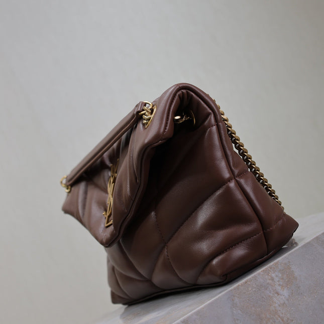 YSL 25S LOULOU PUFFER MM 29 IN DARK BROWN CALFSKIN GOLD HARDWARE