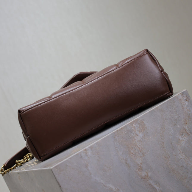 YSL 25S LOULOU PUFFER MM 29 IN DARK BROWN CALFSKIN GOLD HARDWARE