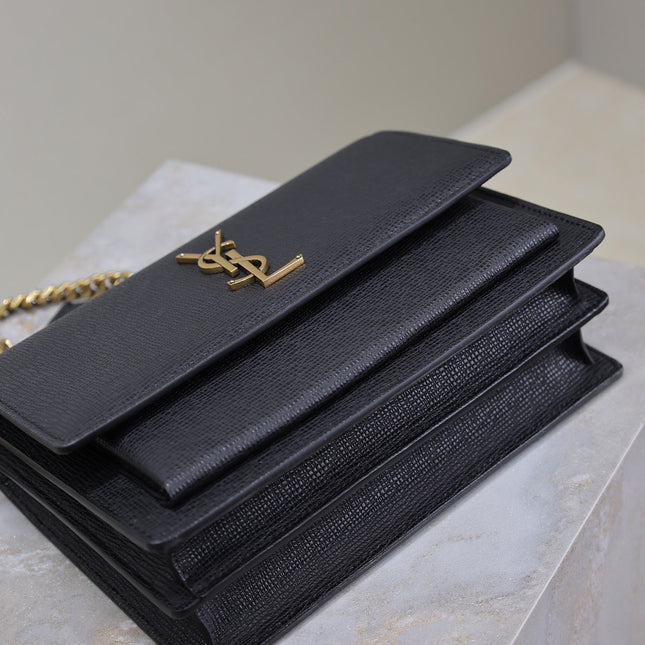 YSL 25S SUNSET MEDIUM 22 IN BLACK GRAINED CALFSKIN GOLD HARDWARE