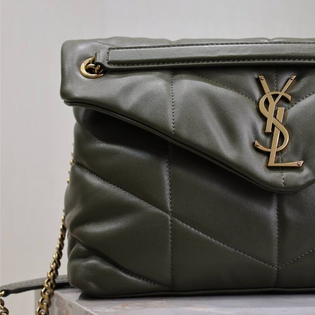 YSL 25S LOULOU PUFFER GM 35 IN DARK OLIVE CALFSKIN GOLD HARDWARE