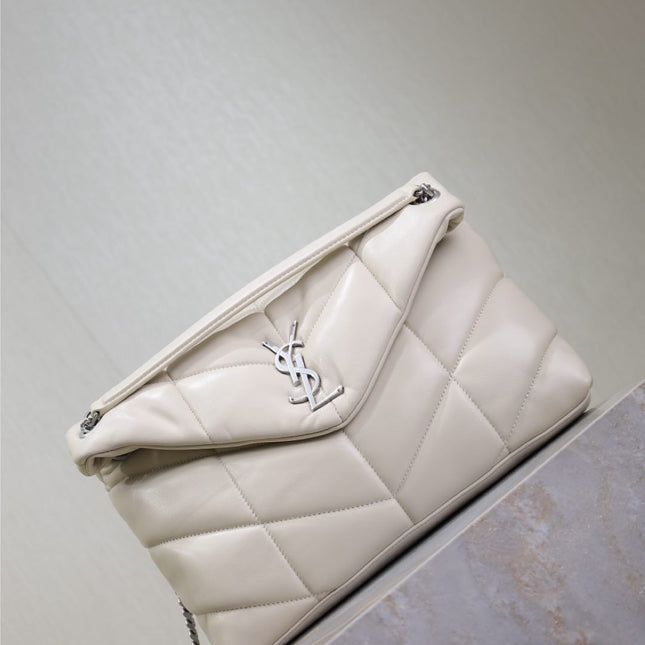 YSL 25S LOULOU PUFFER GM 35 IN SMOKEY TAUPE CALFSKIN SILVER HARDWARE