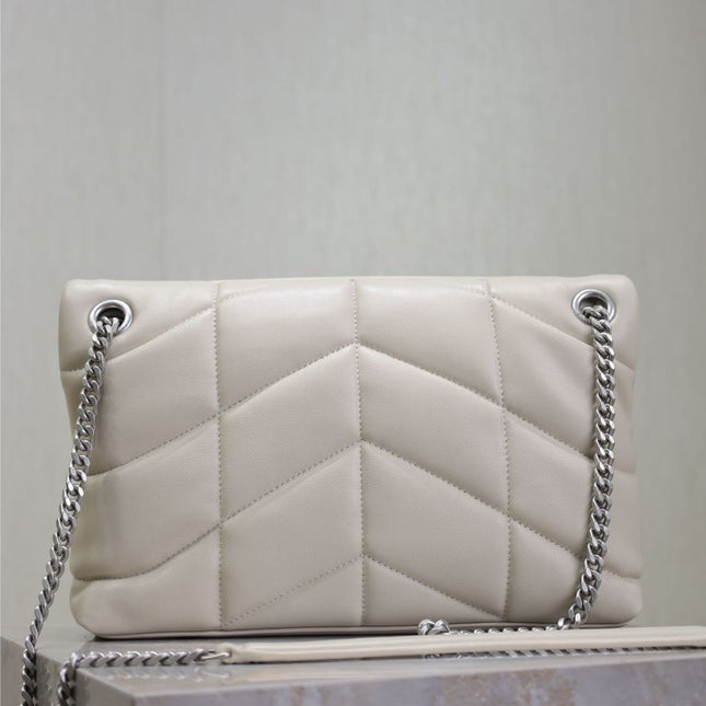 YSL 25S LOULOU PUFFER MM 29 IN SMOKEY TAUPE CALFSKIN SILVER HARDWARE