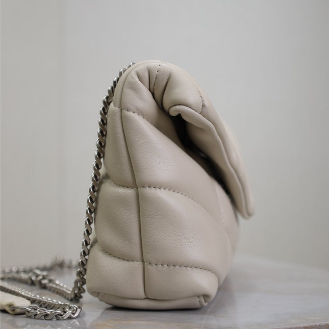 YSL 25S LOULOU PUFFER MINI 23 IN SMOKEY TAUPE CALFSKIN SILVER HARDWARE