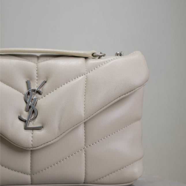 YSL 25S LOULOU PUFFER MINI 23 IN SMOKEY TAUPE CALFSKIN SILVER HARDWARE