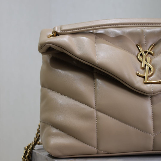 YSL 25S LOULOU PUFFER GM 35 IN BROWN CALFSKIN GOLD HARDWARE
