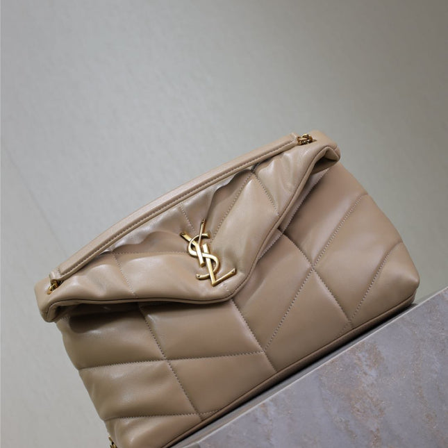 YSL 25S LOULOU PUFFER GM 35 IN BROWN CALFSKIN GOLD HARDWARE
