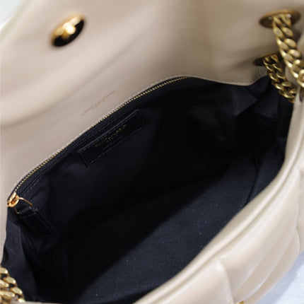 YSL 25S LOULOU PUFFER MM 29 IN BROWN CALFSKIN GOLD HARDWARE