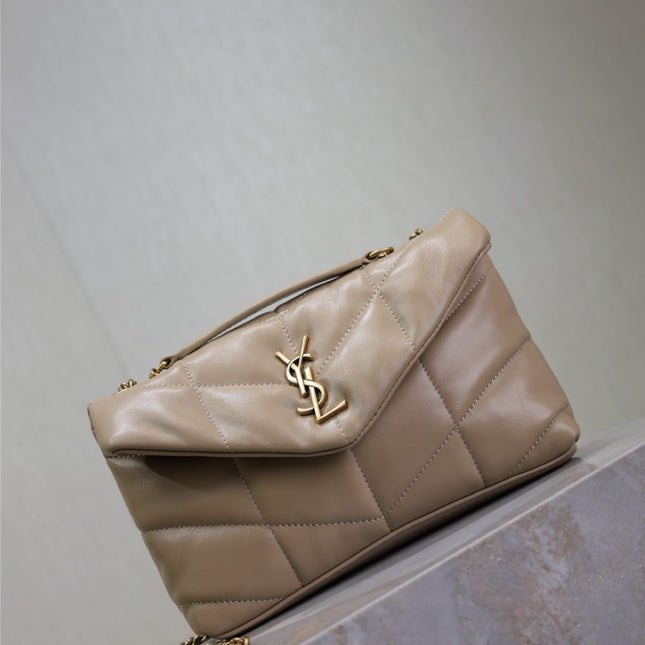 YSL 25S LOULOU PUFFER MINI 23 IN BROWN CALFSKIN GOLD HARDWARE