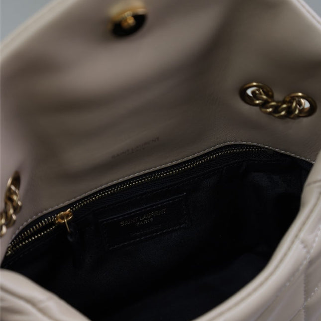 YSL 25S LOULOU PUFFER MINI 23 IN BROWN CALFSKIN GOLD HARDWARE