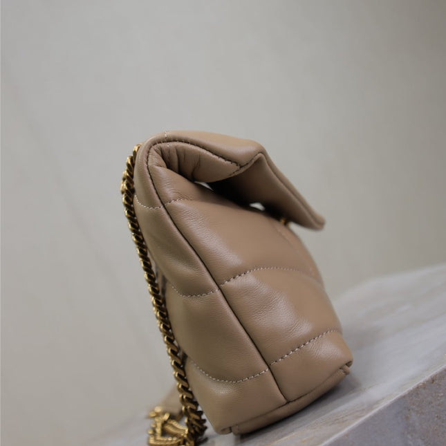 YSL 25S LOULOU PUFFER MINI 23 IN BROWN CALFSKIN GOLD HARDWARE