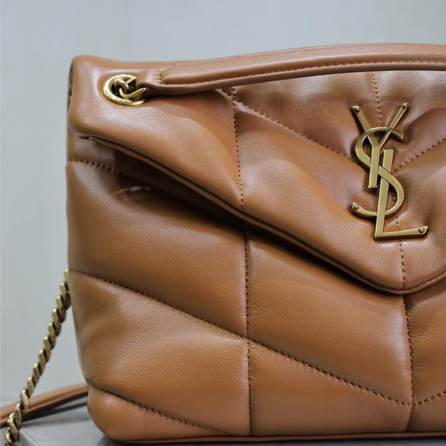 YSL 25S LOULOU PUFFER MM 29 IN CARAMEL CALFSKIN GOLD HARDWARE
