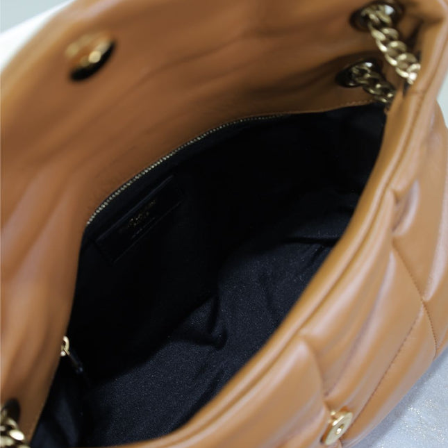 YSL 25S LOULOU PUFFER MM 29 IN CARAMEL CALFSKIN GOLD HARDWARE