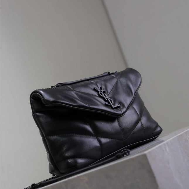 YSL 25S LOULOU PUFFER MINI 23 IN BLACK CALFSKIN BLACK HARDWARE