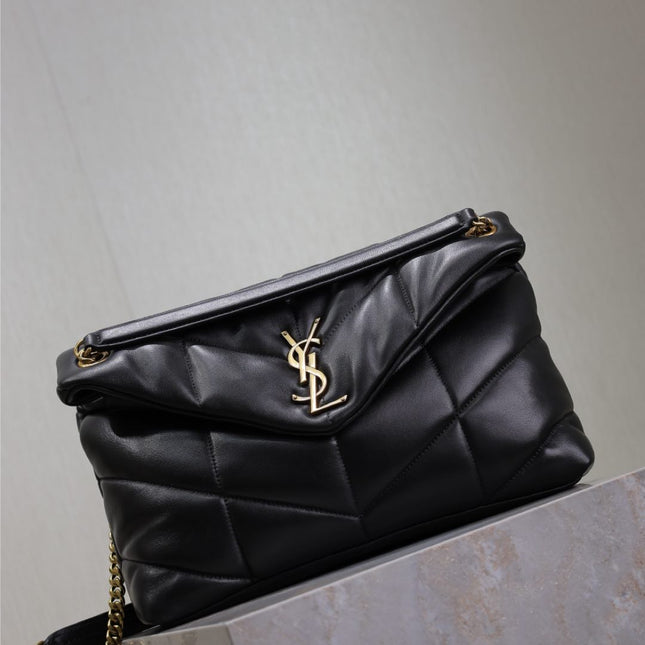 YSL 25S LOULOU PUFFER GM 35 IN BLACK CALFSKIN GOLD HARDWARE